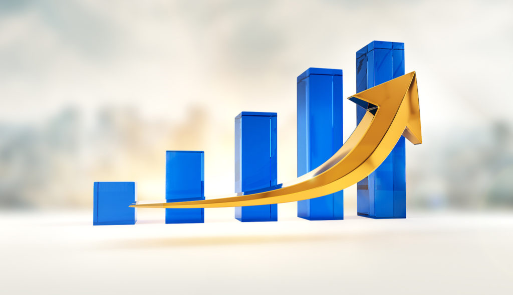 Financial growth and success profits statistics chart. Corporate analysis of money profit increase. Business market increase of investment. Chart and arrow symbol of success. 3D rendering.